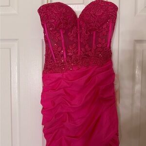 KissProm pink strapless corset mini dress
